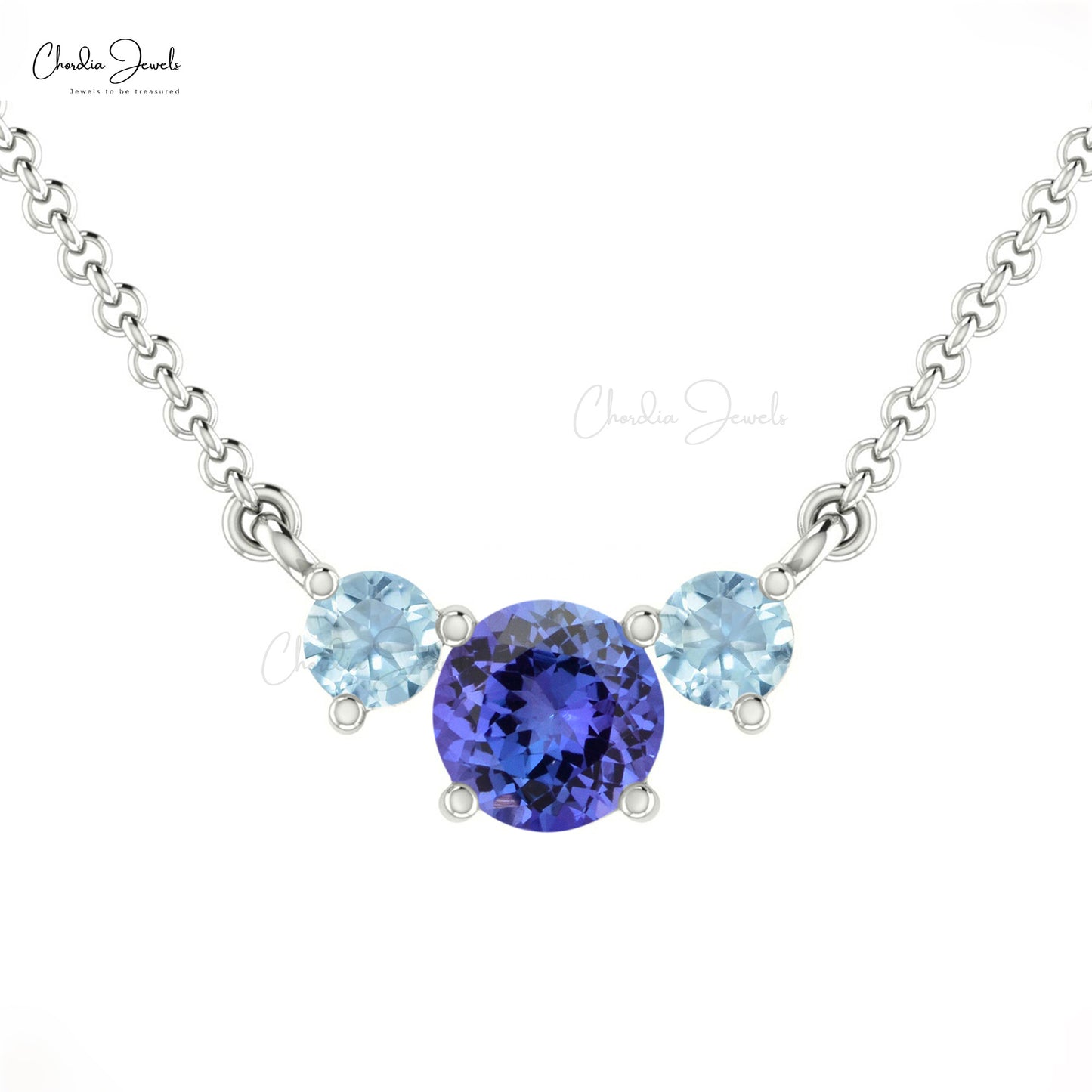 Three-Stone Tanzanite & Aquamarine Necklace Real 14k Gold Prong Set Necklace For Bridesmaid Gift