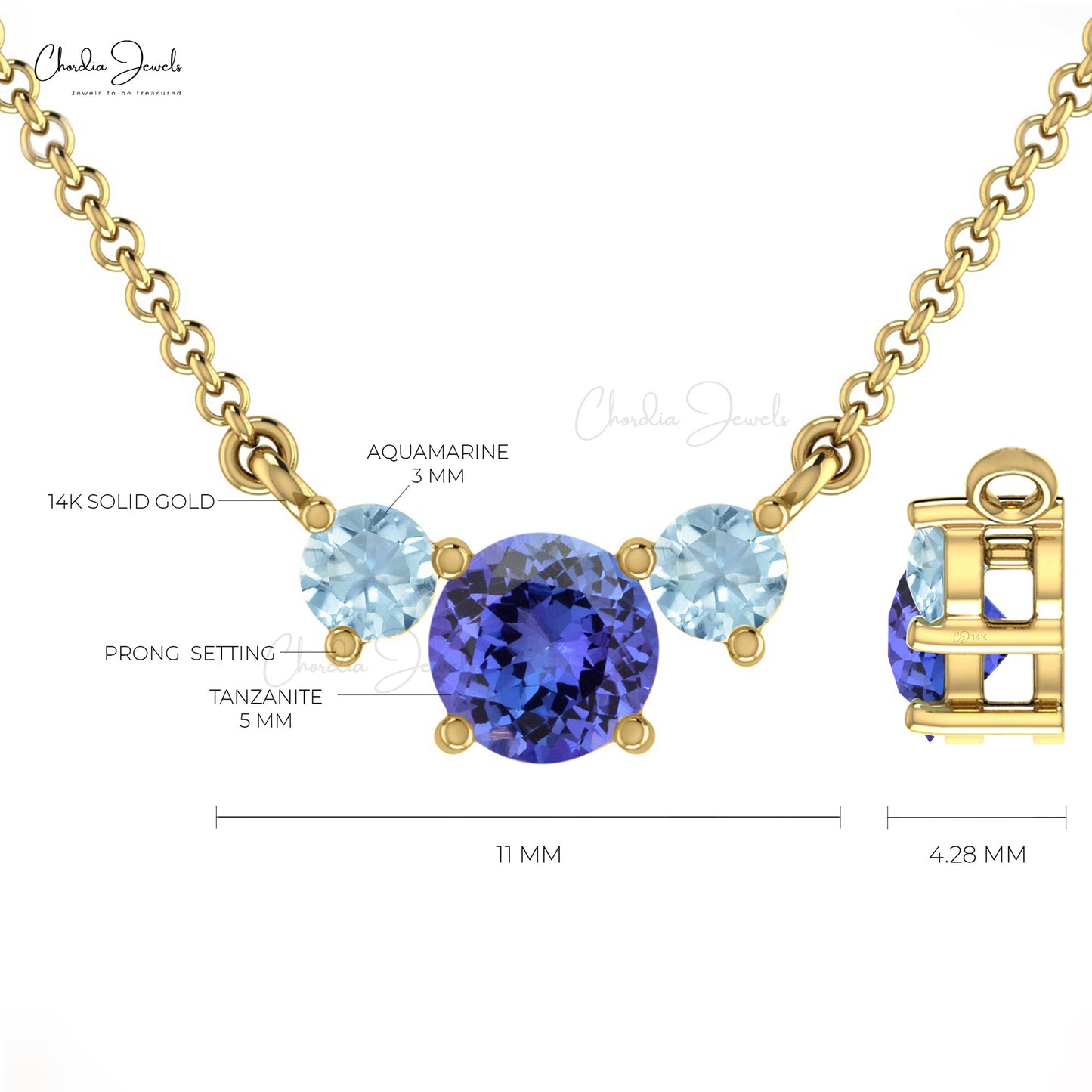 Three-Stone Tanzanite & Aquamarine Necklace Real 14k Gold Prong Set Necklace For Bridesmaid Gift