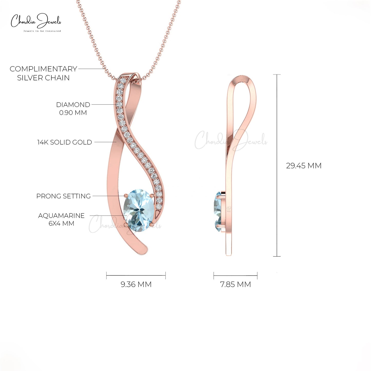 Top Quality Aquamarine Curve Pendant in 14K Solid Gold with Diamond