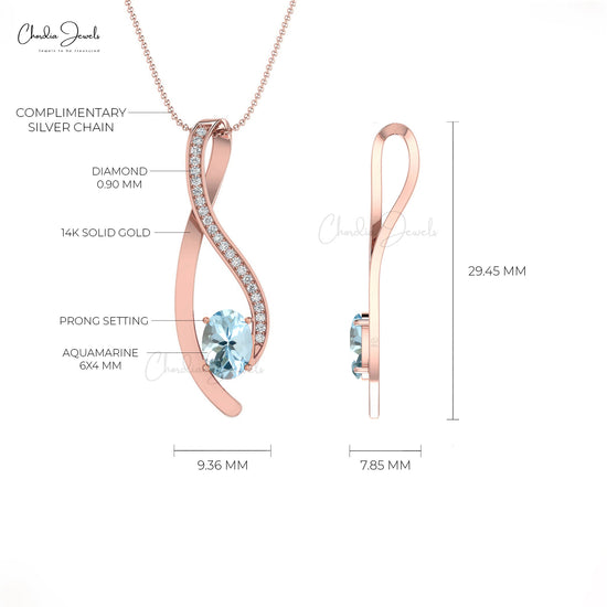 Top Quality Aquamarine Curve Pendant in 14K Solid Gold with Diamond