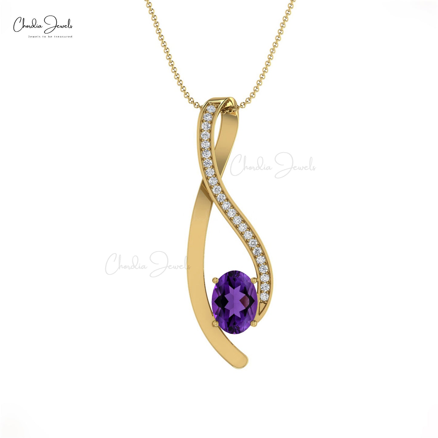 Genuine Amethyst Curve Pendant, 14k Solid Gold Diamond Pendant, 6x4mm Oval faceted Gemstone Pendant Gift for her