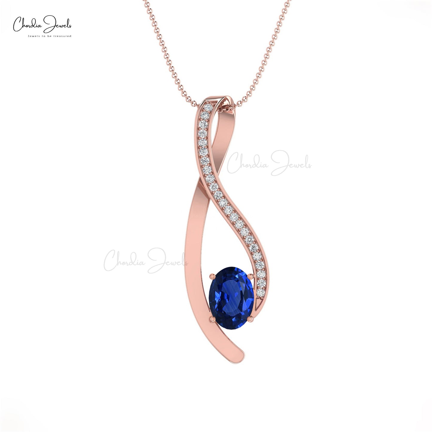 Real 14k Gold Pave Set White Diamond Overlay Curve Pendant Necklace 6x4 Oval Cut Genuine Blue Sapphire Gemstone Light Weight Jewelry For Wedding Gift