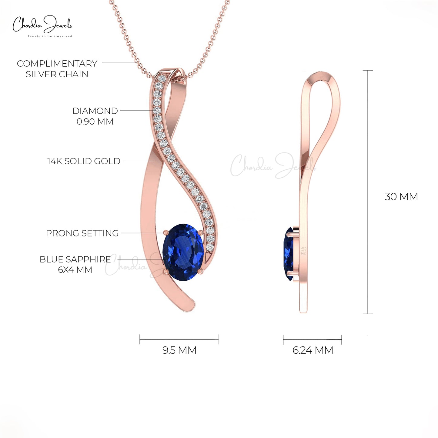 Authentic Blue Sapphire and Diamond Curve Pendant