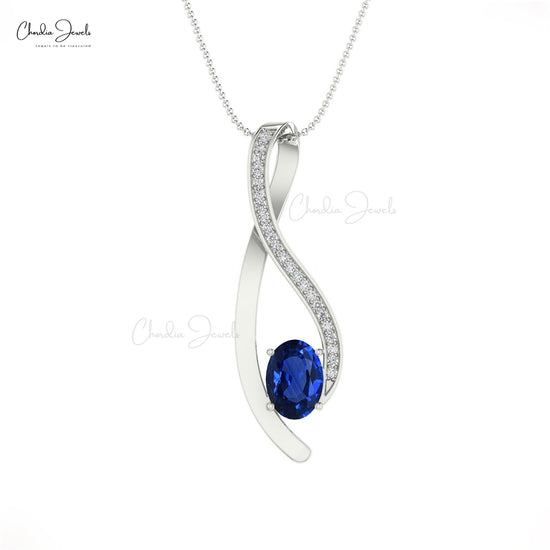 Real 14k Gold Pave Set White Diamond Overlay Curve Pendant Necklace 6x4 Oval Cut Genuine Blue Sapphire Gemstone Light Weight Jewelry For Wedding Gift