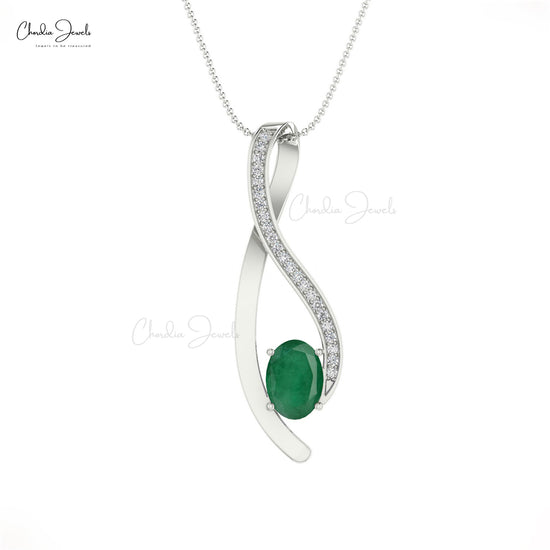 Dazzling Overlay Pendant In 14k Solid Gold Genuine Diamond & Oval Emerald Curve Pendant