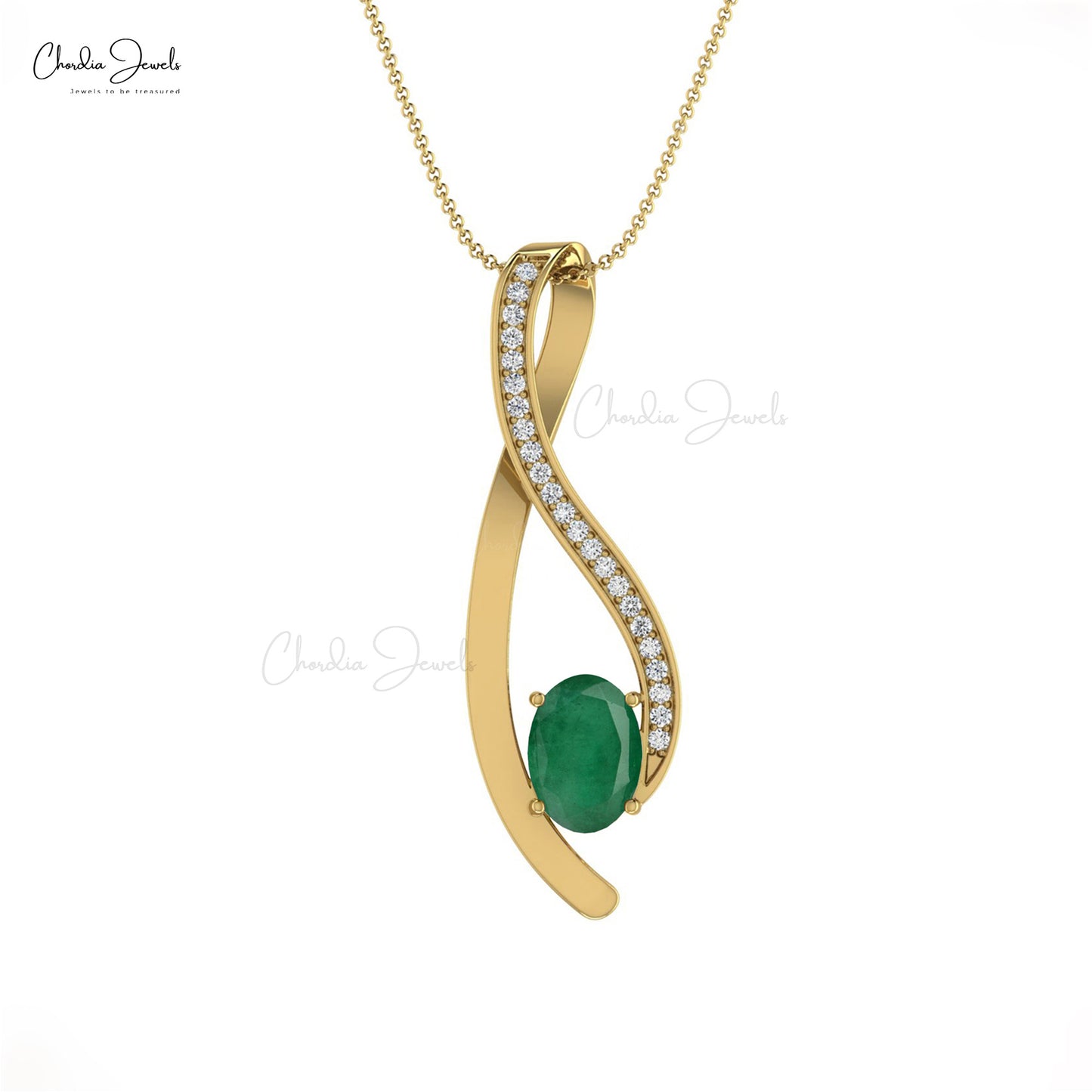 Dazzling Overlay Pendant In 14k Solid Gold Genuine Diamond & Oval Emerald Curve Pendant