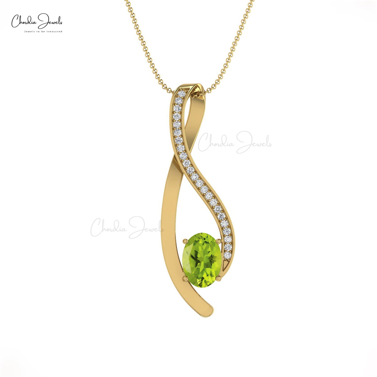 AAA Quality 6x4mm Oval Cut 0.90 Ct August Birthstone Peridot Gemstone Overlay Pendant 14k Real Gold Pave Set Diamond Curve Pendant Necklace Anniversary Gift For Wife