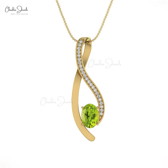 Load image into Gallery viewer, AAA Quality 6x4mm Oval Cut 0.90 Ct August Birthstone Peridot Gemstone Overlay Pendant 14k Real Gold Pave Set Diamond Curve Pendant Necklace Anniversary Gift For Wife
