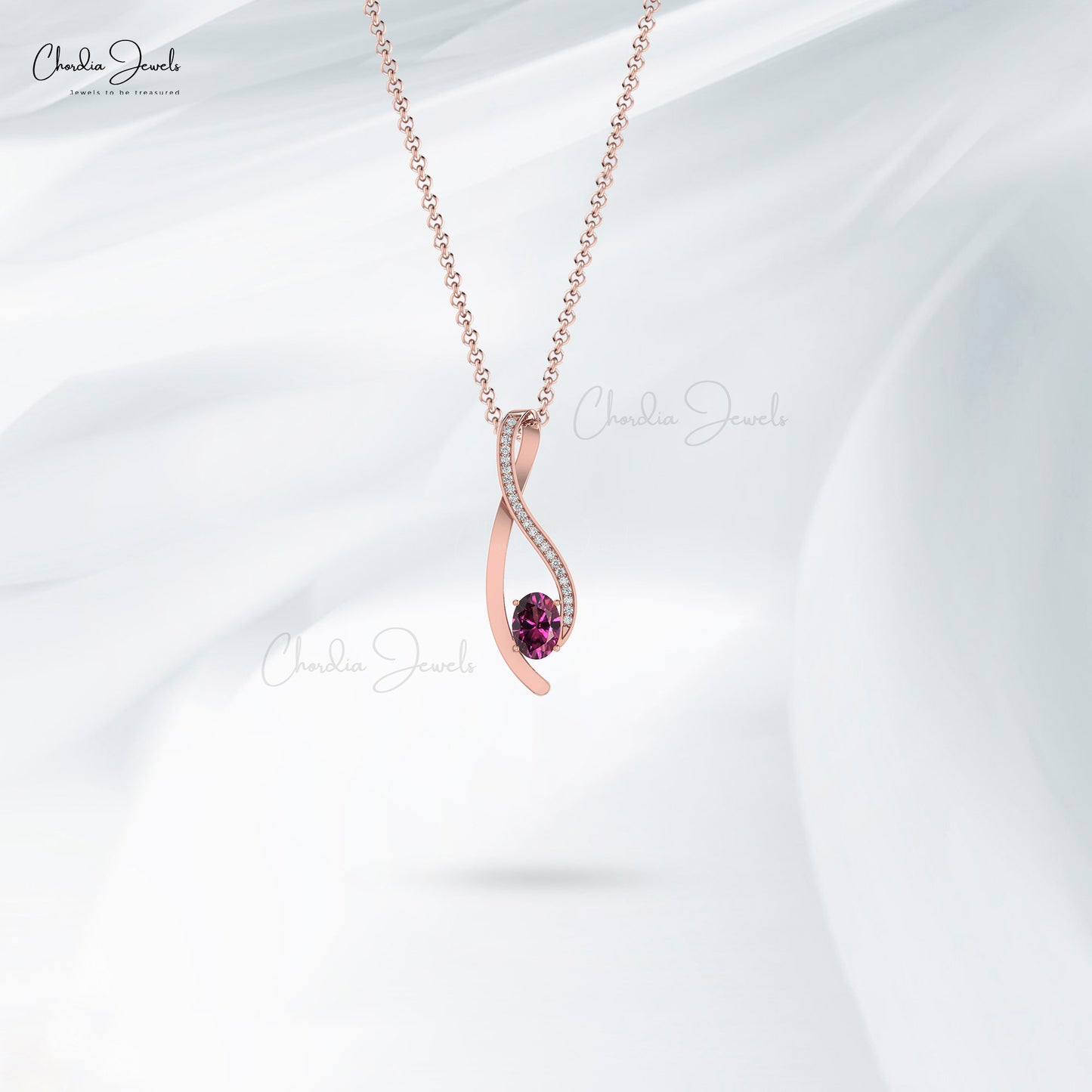 G-H Diamond 14K Gold Curve Pendant with Natural Rhodolite Garnet