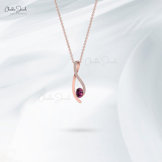 G-H Diamond 14K Gold Curve Pendant with Natural Rhodolite Garnet