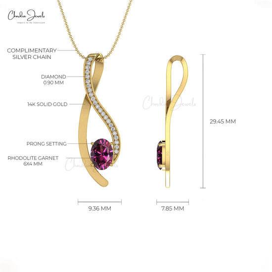 G-H Diamond 14K Gold Curve Pendant with Natural Rhodolite Garnet
