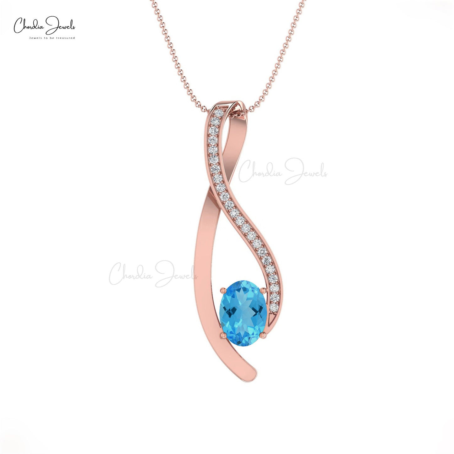 White Diamond & Oval Cut Swiss Blue Topaz Curve Pendant in 14K Gold