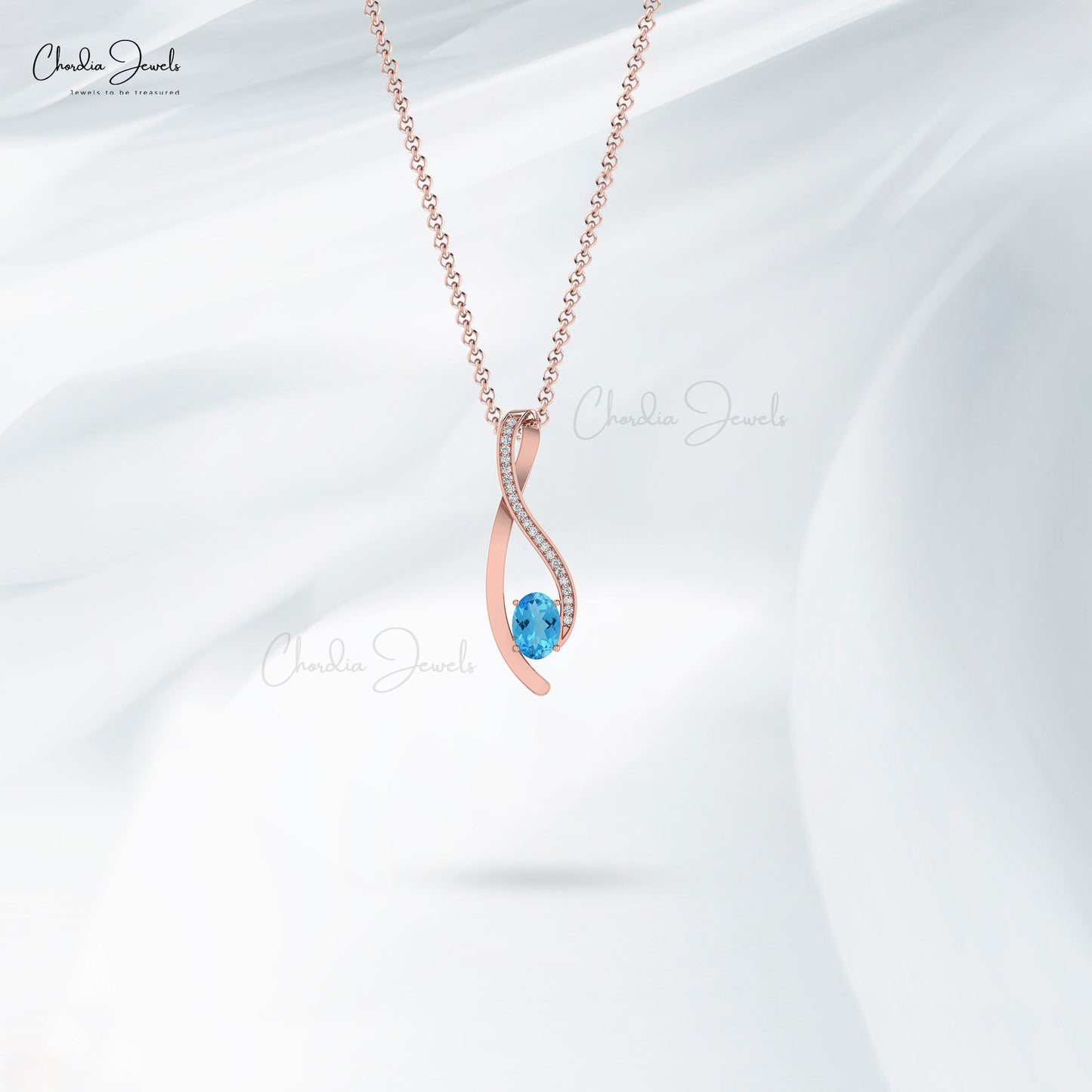 White Diamond & Oval Cut Swiss Blue Topaz Curve Pendant in 14K Gold