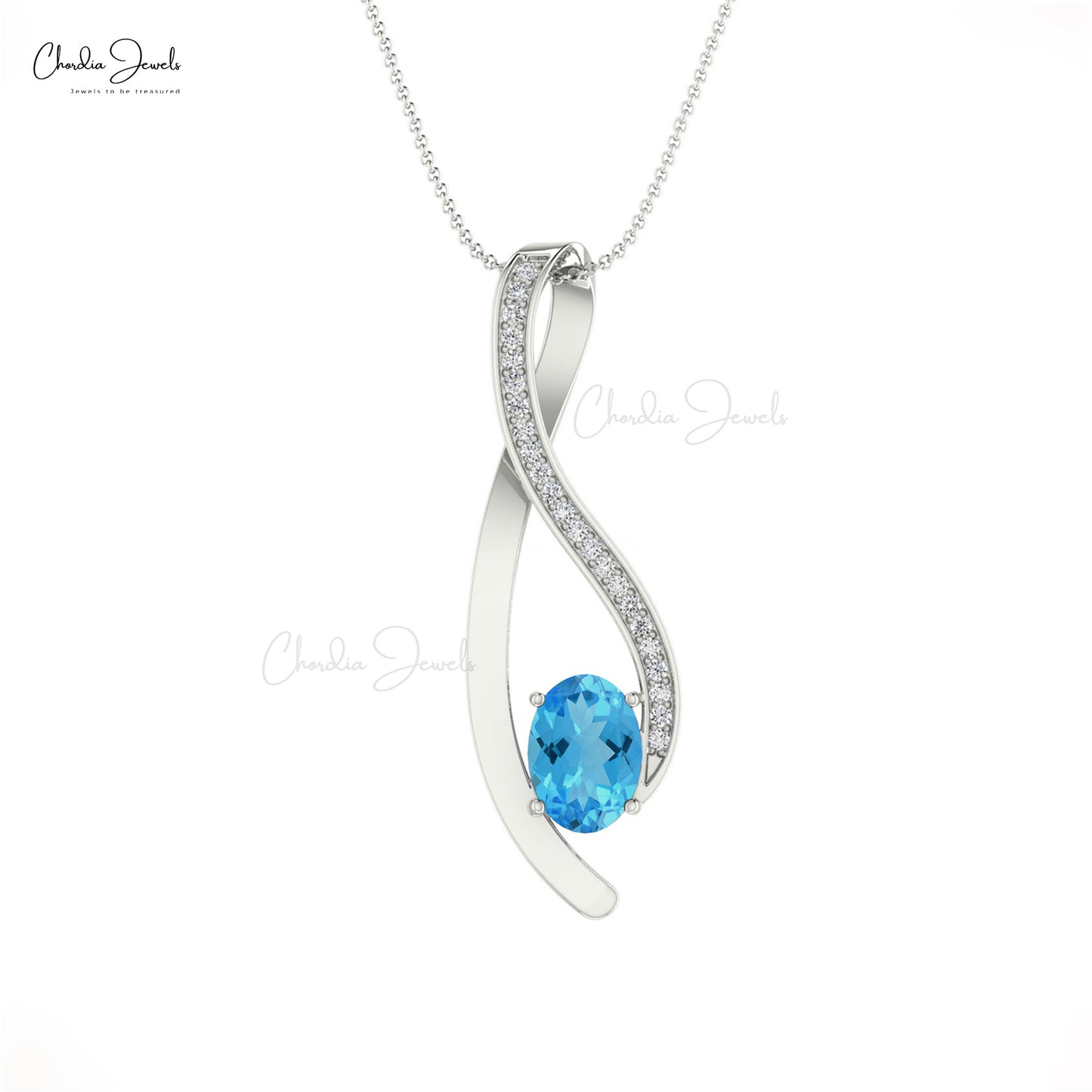 White Diamond & Oval Cut Swiss Blue Topaz Curve Pendant in 14K Gold