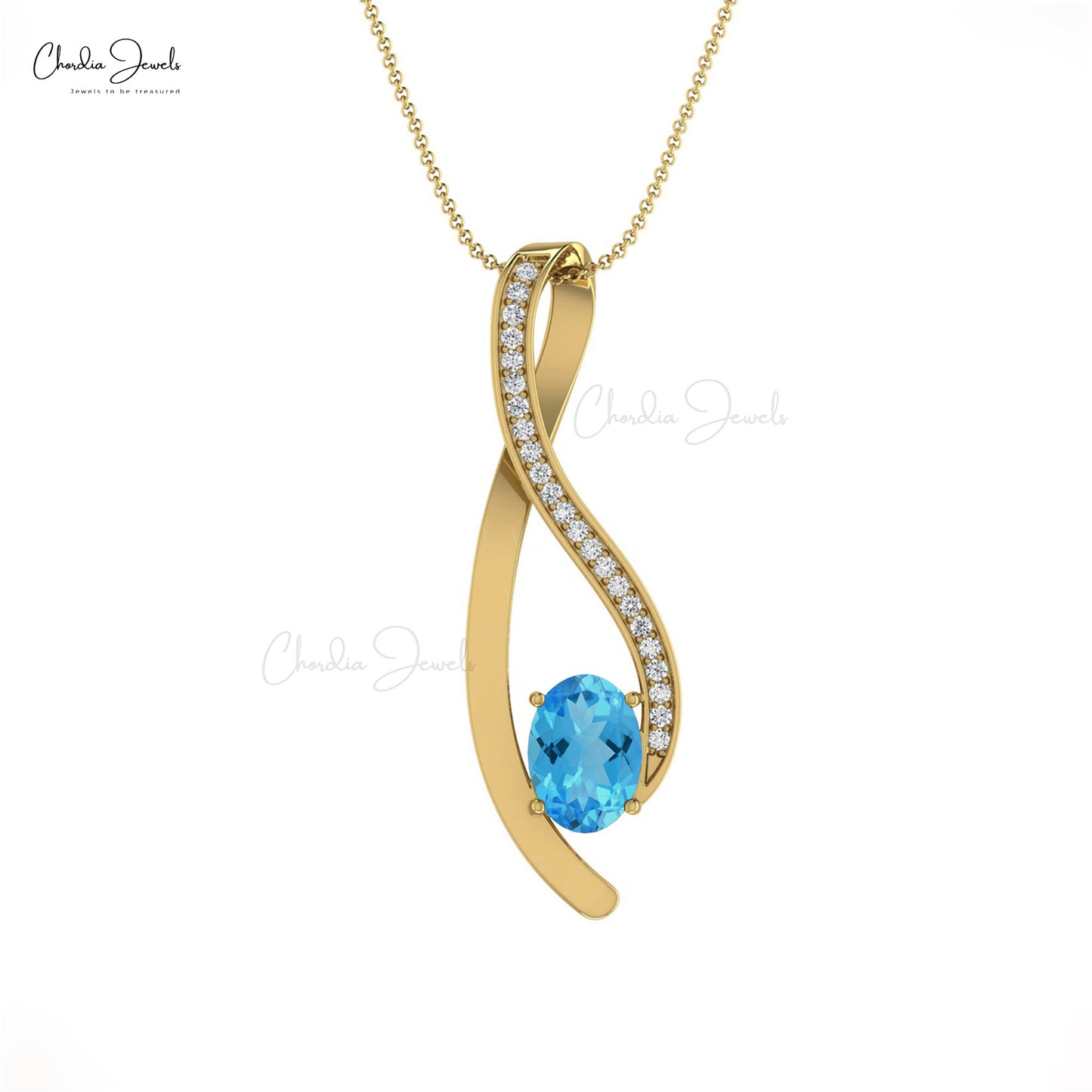 White Diamond & Oval Cut Swiss Blue Topaz Curve Pendant in 14K Gold