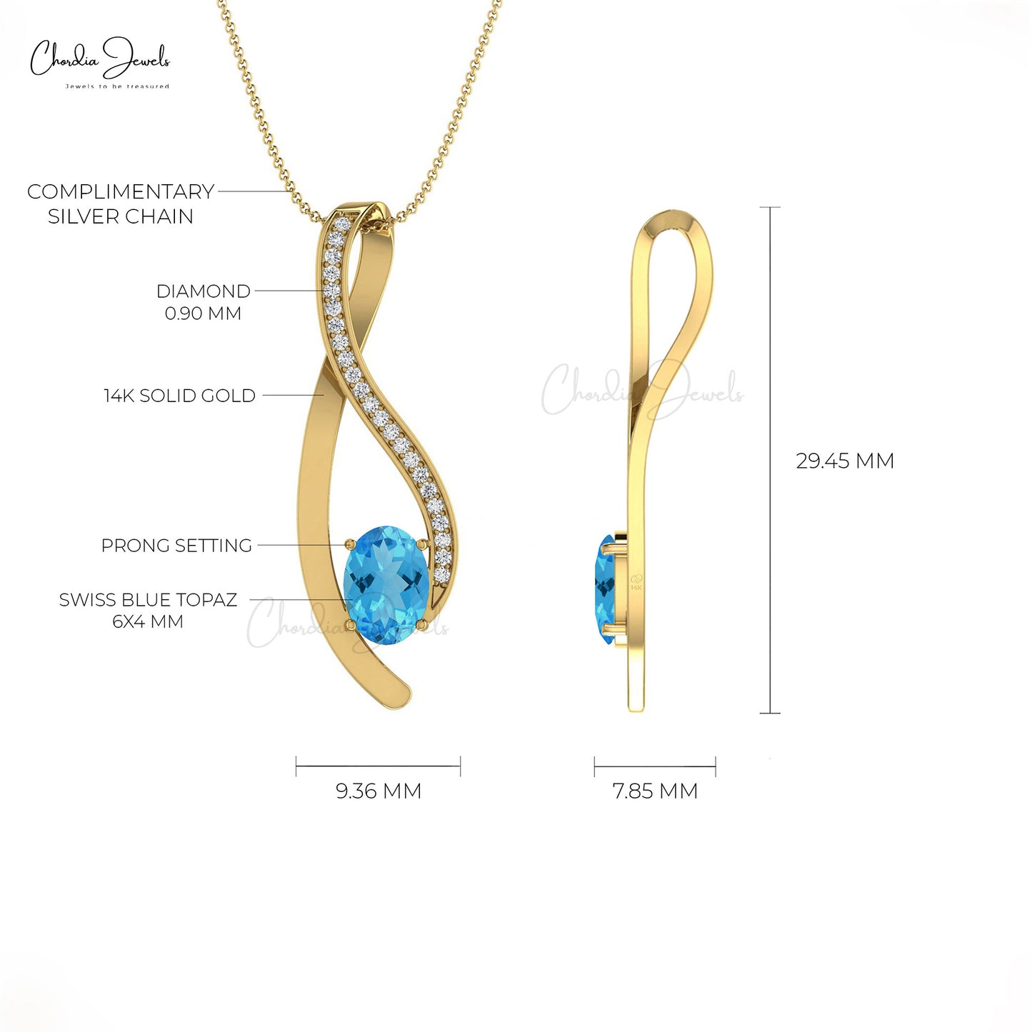 White Diamond & Oval Cut Swiss Blue Topaz Curve Pendant in 14K Gold