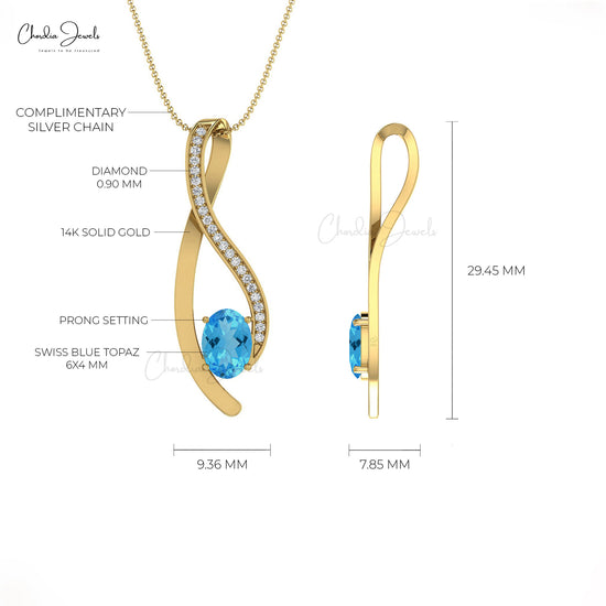 White Diamond & Oval Cut Swiss Blue Topaz Curve Pendant in 14K Gold