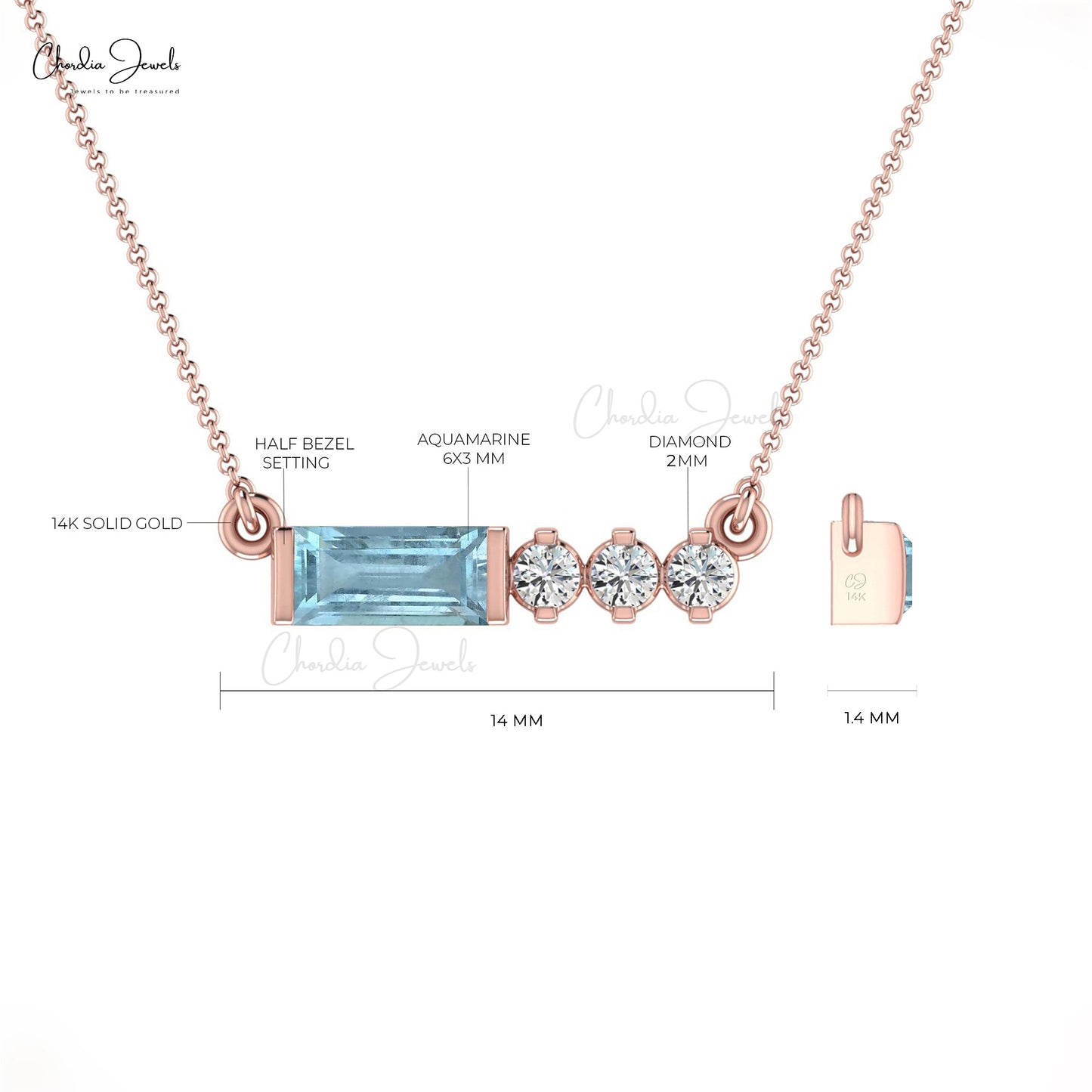 High Class 14K Gold Baguette Aquamarine & Diamond Necklace