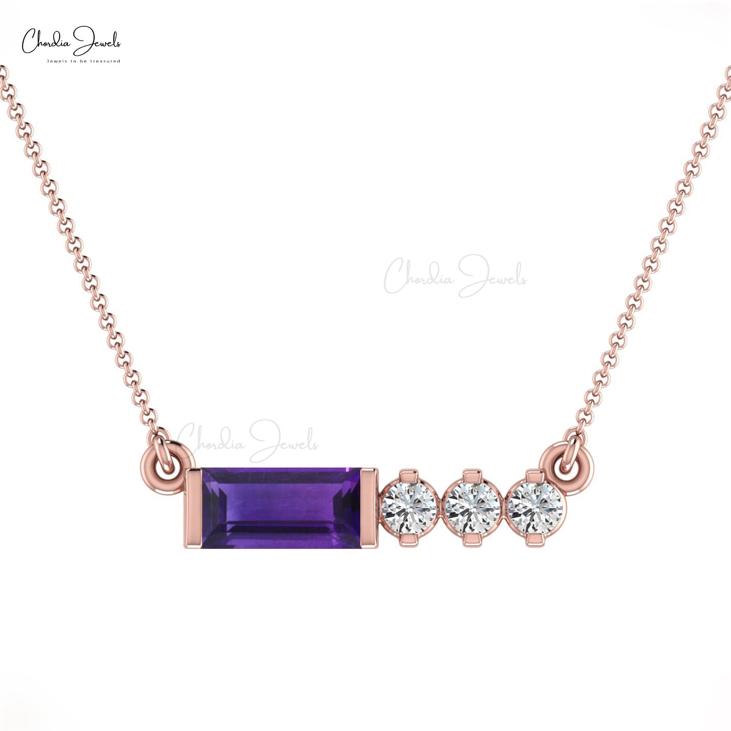 Solid 14k Gold Natural Amethyst & Diamond Matinee Necklace