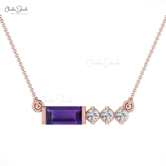 Solid 14k Gold Natural Amethyst & Diamond Matinee Necklace