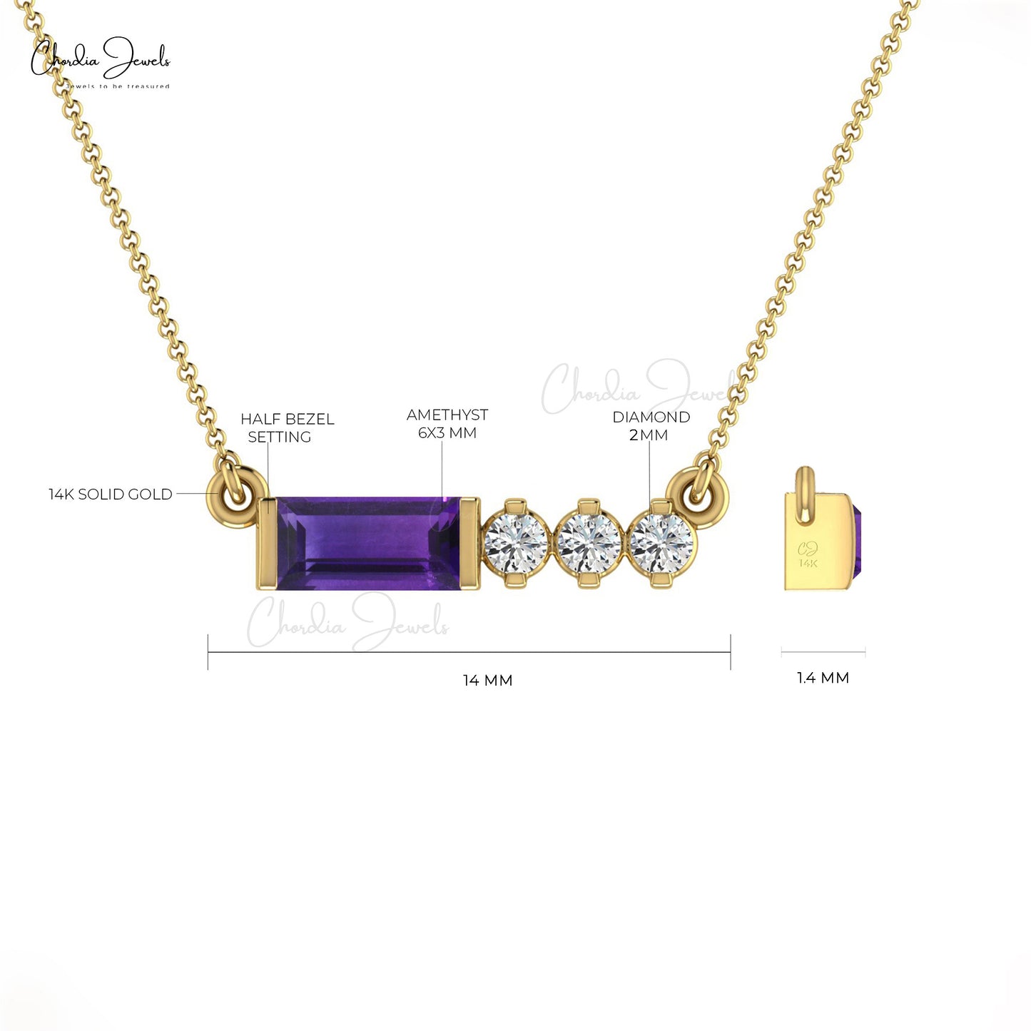 Natural Baguette Cut Amethyst Necklace in 14K Gold with White Diamond