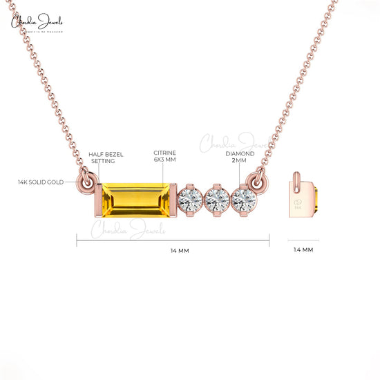 6x3mm Baguette Cut Gemstone Necklace, Natural Citrine & Diamond Necklace, 14k Solid Gold Necklace, November Birthstone Necklace Gift for Her