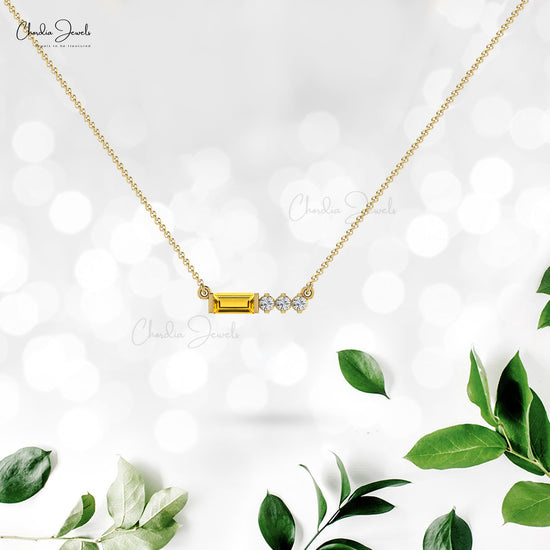 6x3mm Baguette Cut Gemstone Necklace, Natural Citrine & Diamond Necklace, 14k Solid Gold Necklace, November Birthstone Necklace Gift for Her