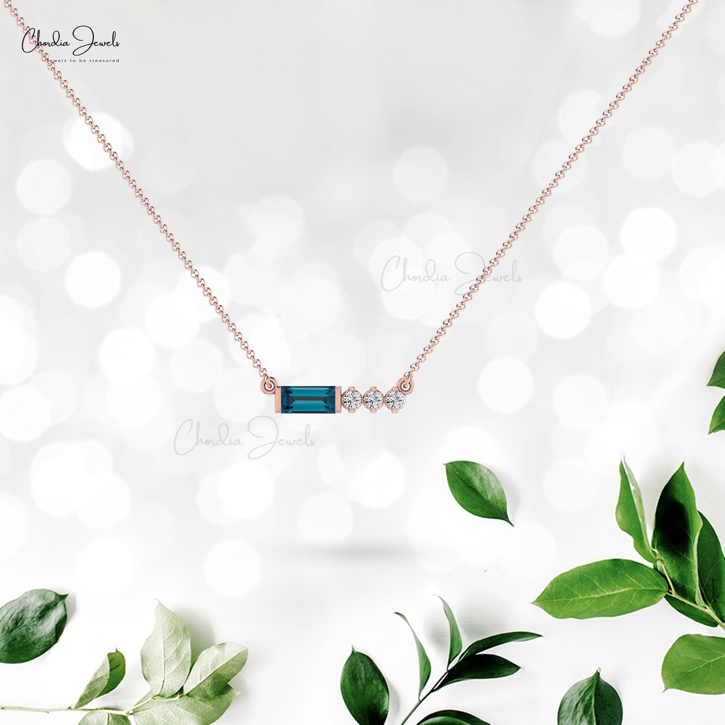 Load image into Gallery viewer, Natural London Blue Topaz &amp;amp; Diamond Necklace, 6x3mm Baguette Cut Gemstone Necklace, December Birthstone 14k Solid Gold Necklace, Gift for Her
