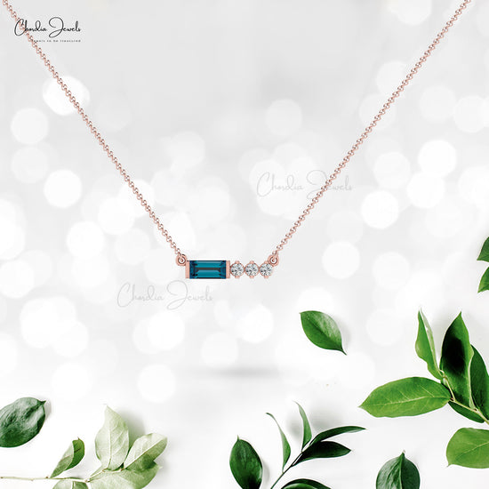 Baguette London Blue Topaz & Diamond In 14k Solid Gold 4 Stone Necklace