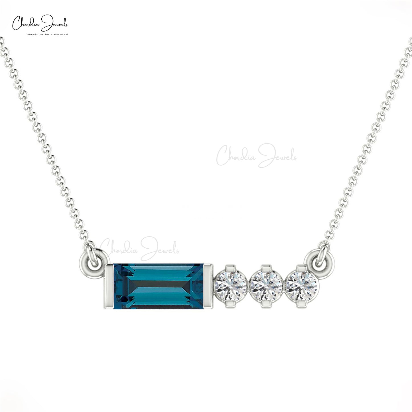 Natural London Blue Topaz & Diamond Necklace, 6x3mm Baguette Cut Gemstone Necklace, December Birthstone 14k Solid Gold Necklace, Gift for Her