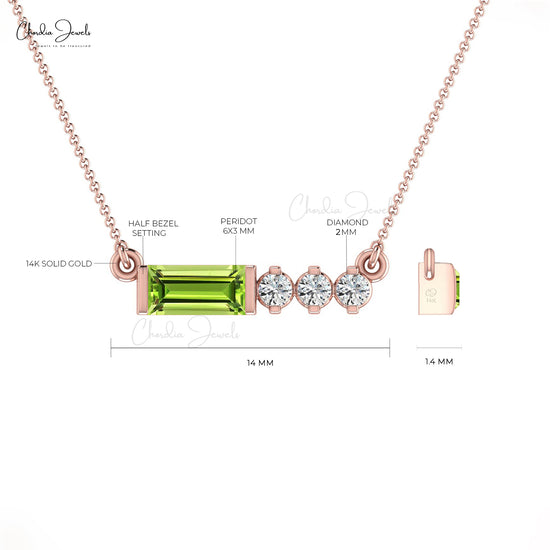 Natural Peridot and Diamond Necklace, August Birthstone 14k Solid Gold Necklace, 6x3mm Baguette Cut Gemstone Necklace Gift for Her