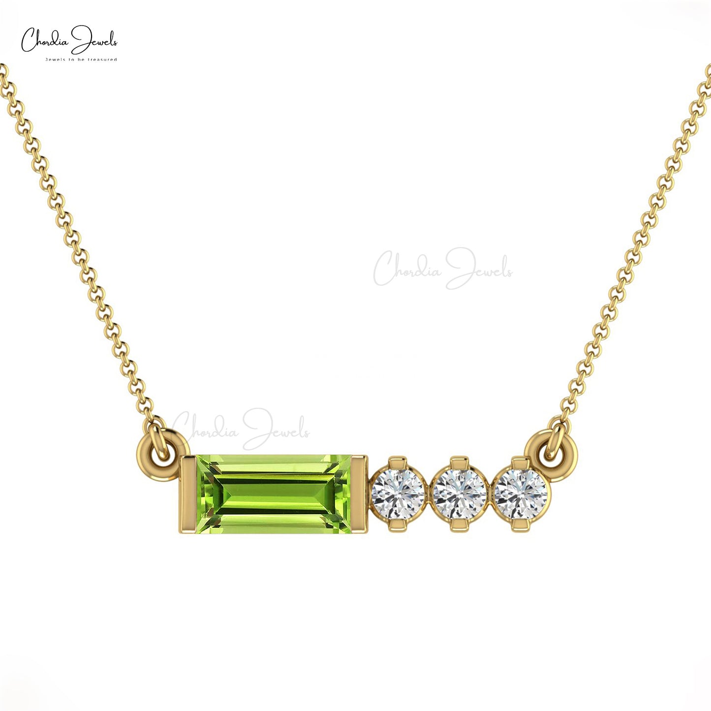 Natural Peridot and Diamond Necklace, August Birthstone 14k Solid Gold Necklace, 6x3mm Baguette Cut Gemstone Necklace Gift for Her
