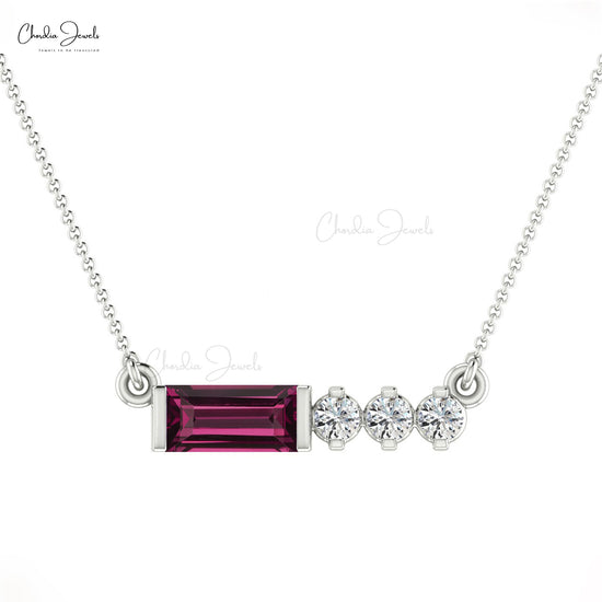 Natural Rhodolite Garnet Necklace, 6x3mm Baguette Cut Gemstone Necklace, 14k Solid Gold Diamond Necklace Gift for Her