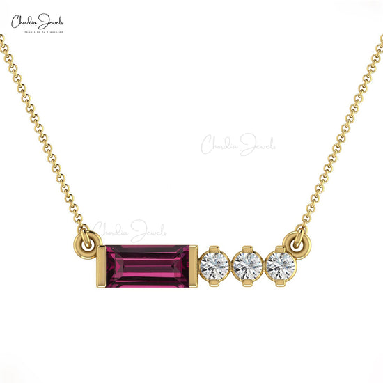 Natural Rhodolite Garnet Necklace, 6x3mm Baguette Cut Gemstone Necklace, 14k Solid Gold Diamond Necklace Gift for Her