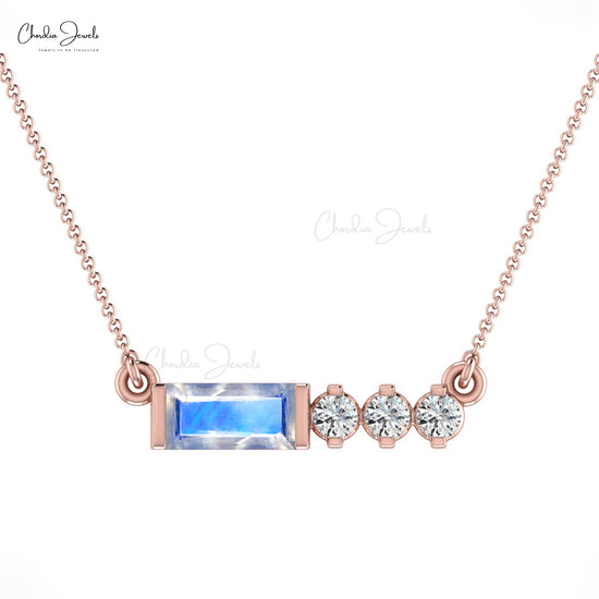 14k Solid Gold Bezel Set Natural 0.30Ct Rainbow Moonstone & Diamond Chain Necklace