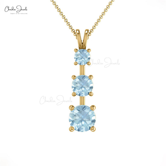 Authentic Brazilian Aquamarine Three Stone Pendant Necklace in 14k Solid Gold