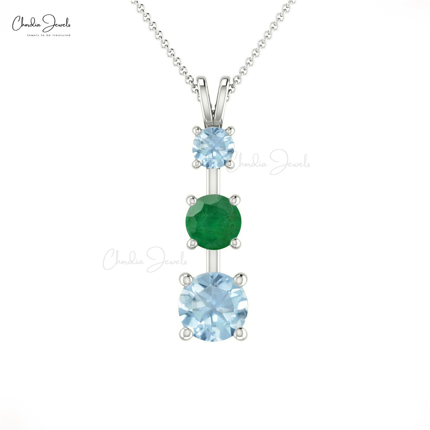 Trilogy Pendant With Natural Emerald & Aquamarine 14K Solid Gold Handcrafted Pendant For Her