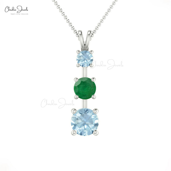 Load image into Gallery viewer, Solid 14k Gold Natural Zambian Emerald &amp;amp; Aquamarine Three Stone Pendant Necklace
