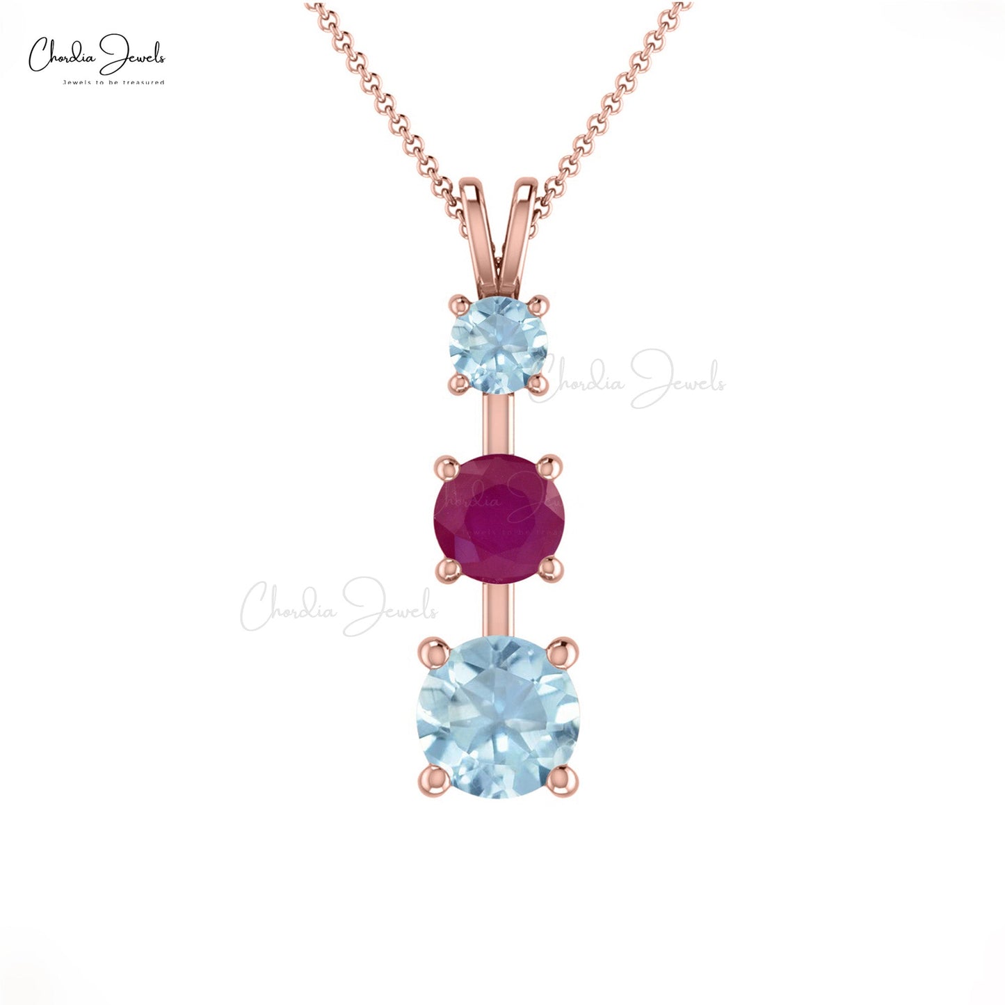 Load image into Gallery viewer, Gold Natural Burmese Ruby &amp;amp; Aquamarine Three Stone Pendant Necklace for Women
