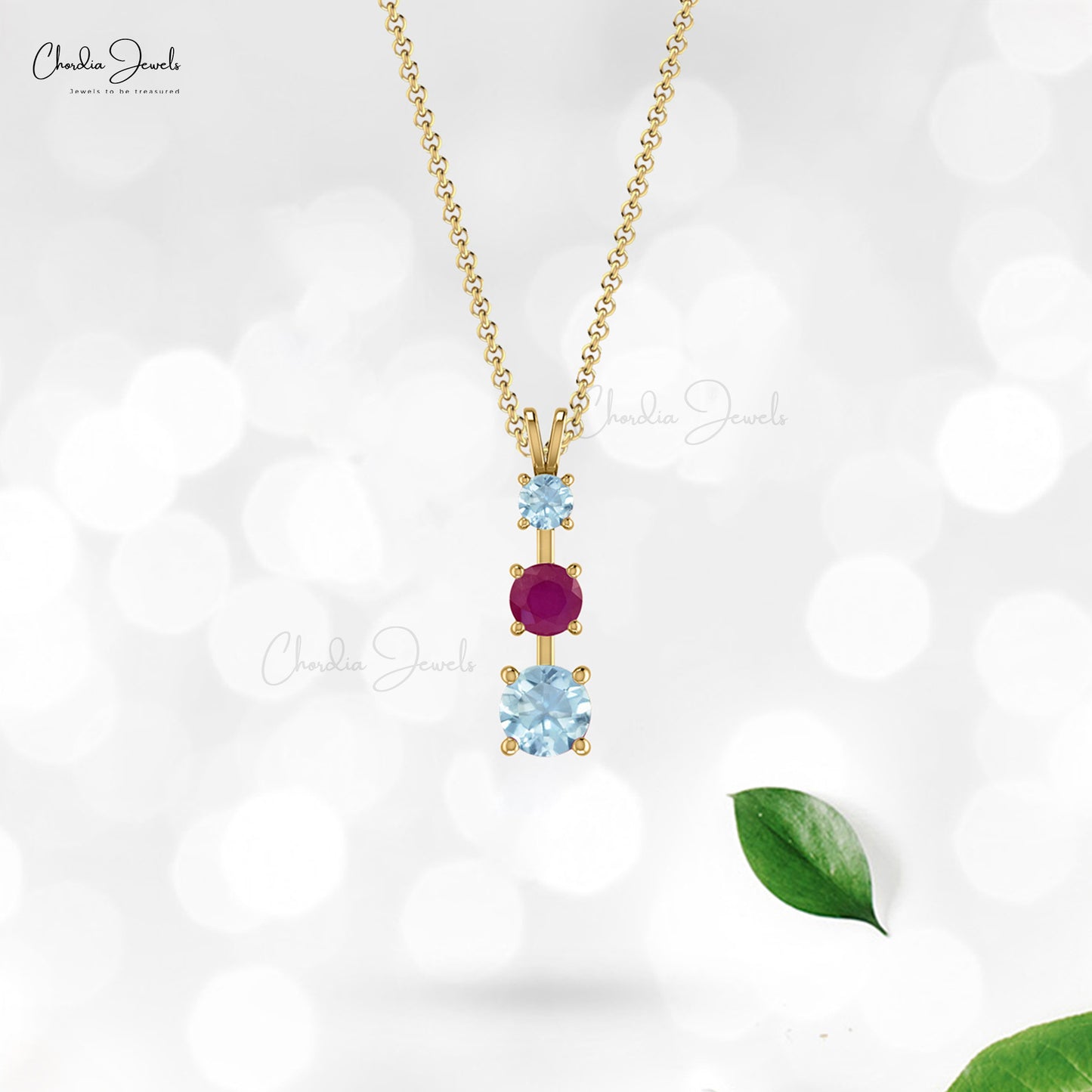 Load image into Gallery viewer, Gold Natural Burmese Ruby &amp;amp; Aquamarine Three Stone Pendant Necklace for Women
