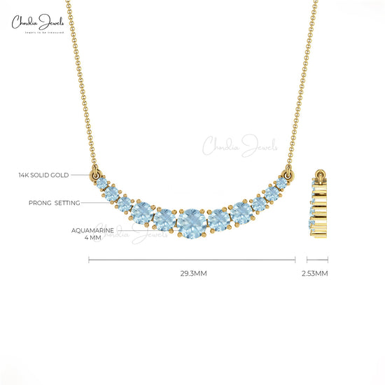Natural Aquamarine Necklace in 14k Solid Gold Round Gemstone