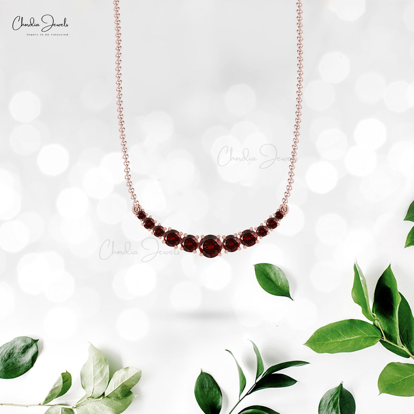 Gemstone Curved Bar Necklace In Solid 14k Gold Red Garnet January Birthstone Necklace