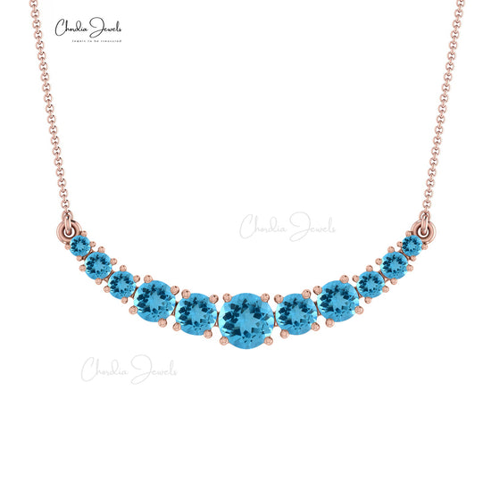 Natural Swiss Blue Topaz Necklace, 14k Solid Gold Round Gemstone Necklace, 1.10 Carat December Birthstone Handmade Necklace Gift for Wife