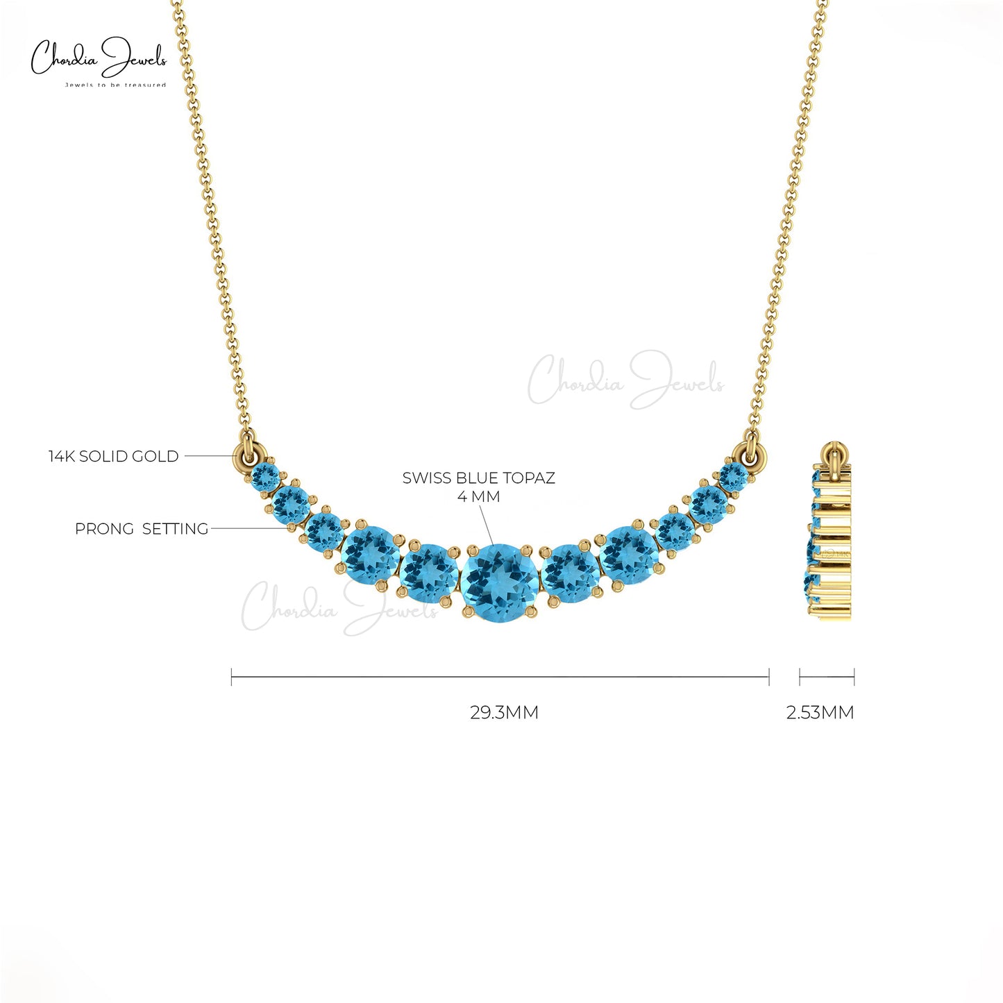Natural Swiss Blue Topaz Necklace, 14k Solid Gold Round Gemstone Necklace, 1.10 Carat December Birthstone Handmade Necklace Gift for Wife