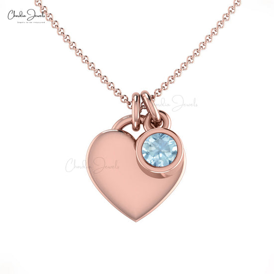 Dainty 14k Solid Gold Heart Necklace with Solitaire Round Aquamarine