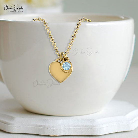 Dainty 14k Solid Gold Heart Necklace with Solitaire Round Aquamarine