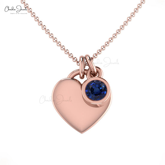 Single Gemstone Charm In 14k Solid Gold Blue Sapphire Heart Shaped Women Necklace