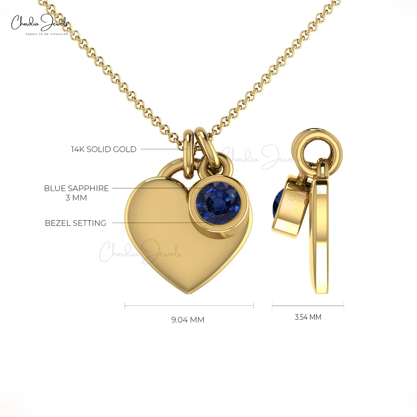 Single Gemstone Charm In 14k Solid Gold Blue Sapphire Heart Shaped Women Necklace