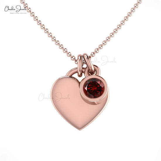 Natural Garnet Heart Charm Necklace In 14k Solid Gold