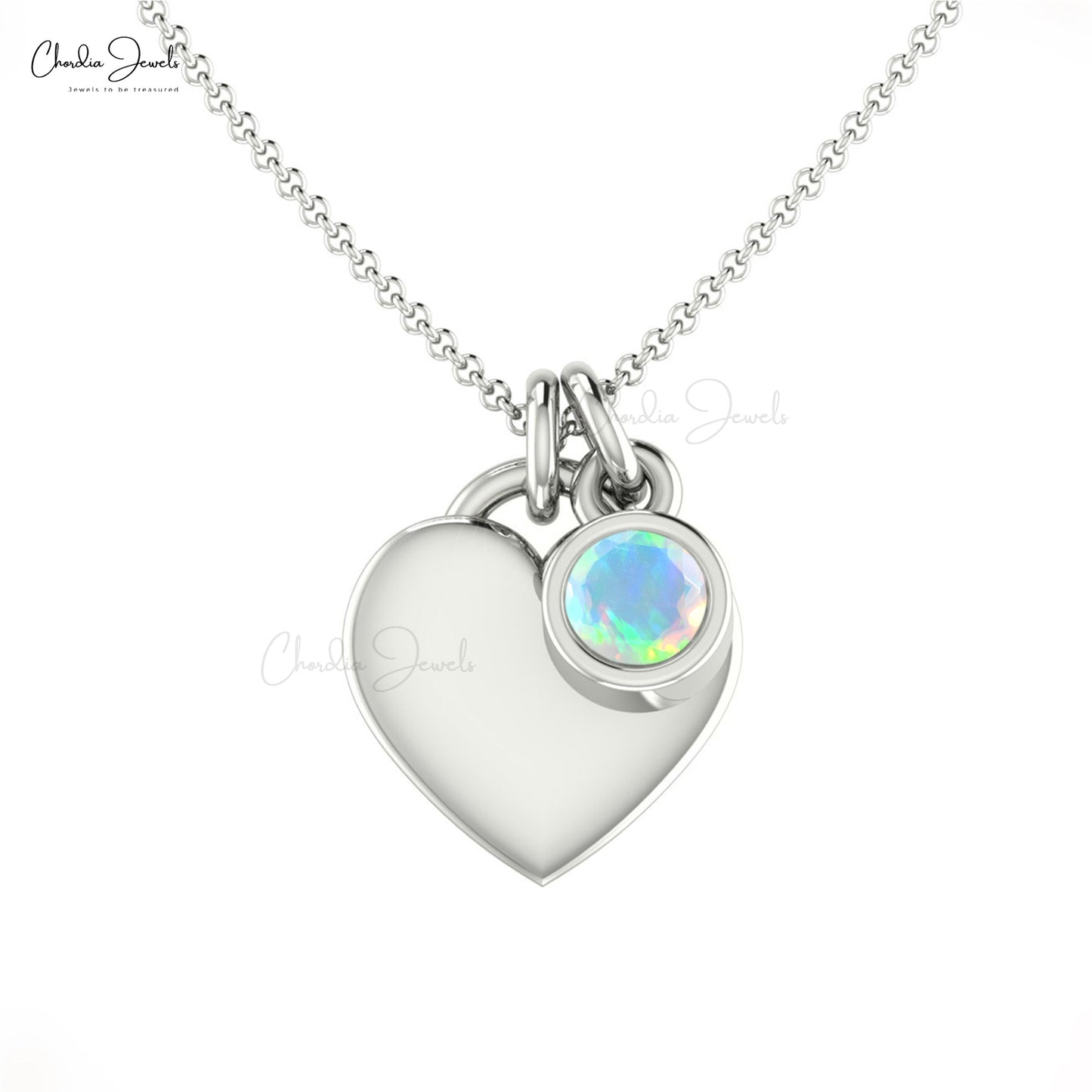 Solitaire Round Cut Natural Opal with Heart Shaped Necklace in Solid 14k Gold